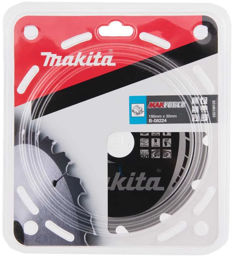 Makita T.C.T. pjūklas MAKFORCE 190X2X30mm 20° T12 B-08224 T.C.T • 190 x30 mm • T12 • 20° • Medienai