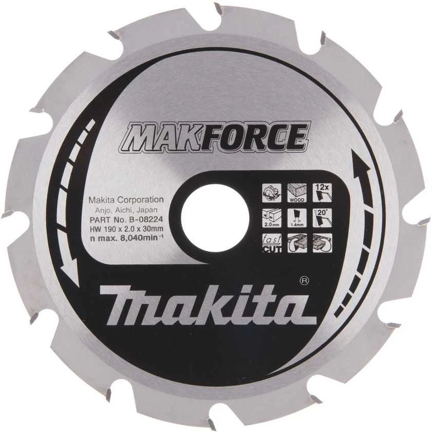Makita T.C.T. pjūklas MAKFORCE 190X2X30mm 20° T12 B-08224 T.C.T • 190 x30 mm • T12 • 20° • Medienai