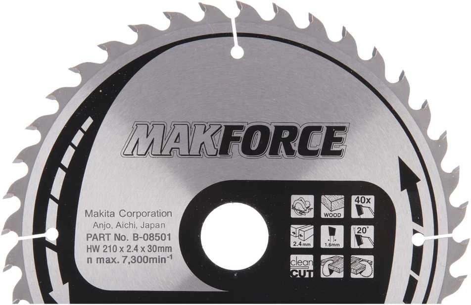 Makita T.C.T. pjūklas MAKFORCE 210X2.4X30mm 20° T40 B-08501 T.C.T • 210 x30 mm • T40 • 20° • Medienai