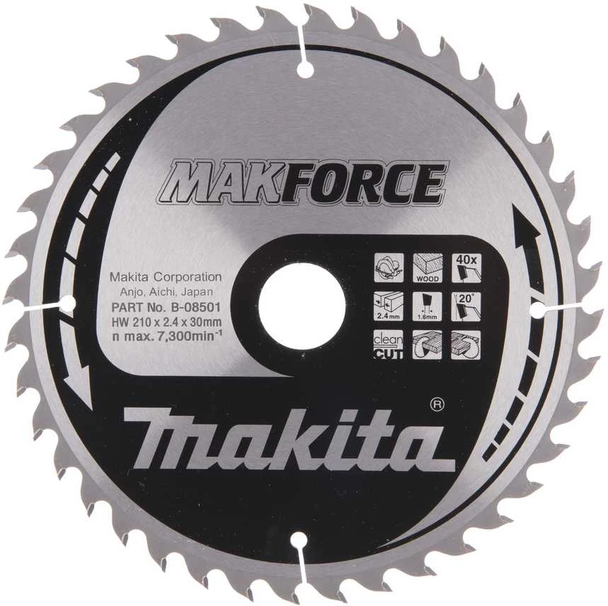Makita T.C.T. pjūklas MAKFORCE 210X2.4X30mm 20° T40 B-08501 T.C.T • 210 x30 mm • T40 • 20° • Medienai