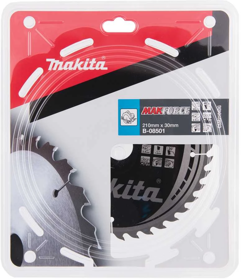 Makita T.C.T. pjūklas MAKFORCE 210X2.4X30mm 20° T40 B-08501 T.C.T • 210 x30 mm • T40 • 20° • Medienai