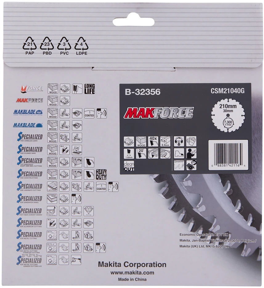 Makita T.C.T. pjūklas MAKFORCE 210X2.4X30mm 20° T40 B-32356 T.C.T • 210 x30 mm • T40 • 20° • Medienai