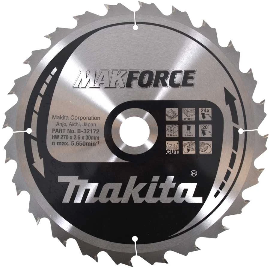 Makita T.C.T. pjūklas MAKFORCE 270X2.6X30mm 20° T24 B-32172 T.C.T • 270 x30 mm • T24 • 20° • Medienai