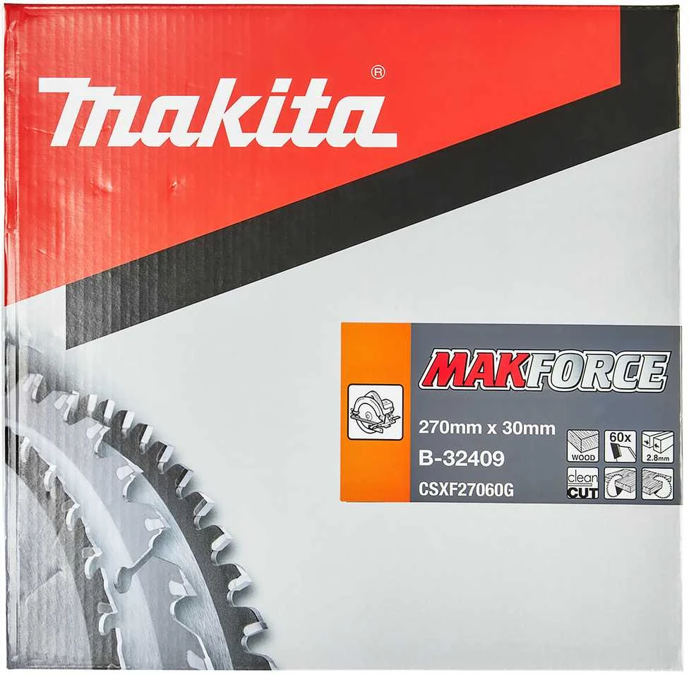 Makita T.C.T. pjūklas MAKFORCE 270X2.8X30mm 15° T60 B-32409 T.C.T • 270 x30 mm • T60 • 15° • Medienai