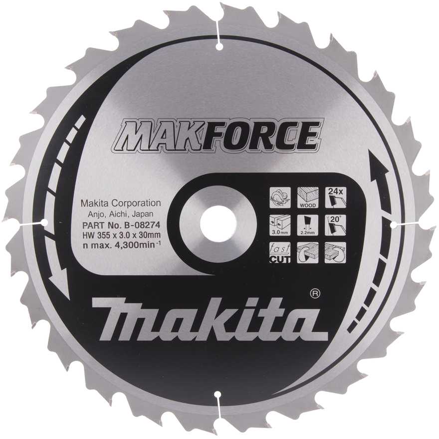 Makita T.C.T. pjūklas MAKFORCE 355X3X30mm 20° T24 B-08274 T.C.T • 355 x30 mm • T24 • 20° • Medienai