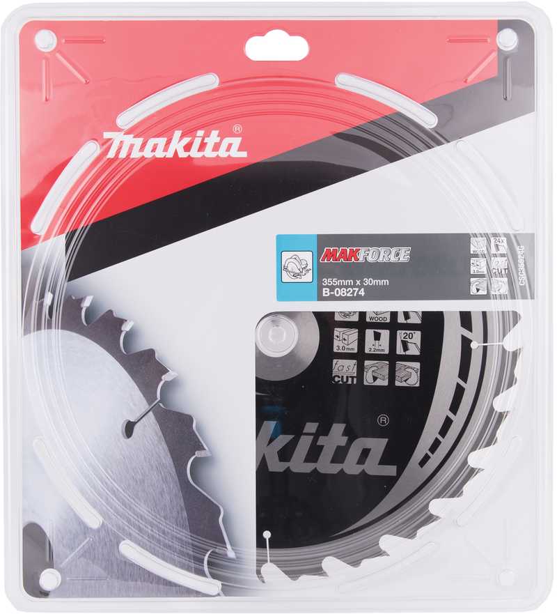 Makita T.C.T. pjūklas MAKFORCE 355X3X30mm 20° T24 B-08274 T.C.T • 355 x30 mm • T24 • 20° • Medienai