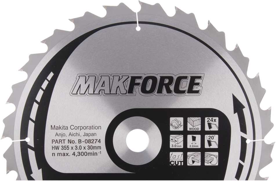 Makita T.C.T. pjūklas MAKFORCE 355X3X30mm 20° T24 B-08274 T.C.T • 355 x30 mm • T24 • 20° • Medienai