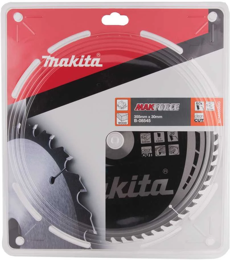Makita T.C.T. pjūklas MAKFORCE 355X3X30mm 20° T60 B-08545 T.C.T • 355 x30 mm • T60 • 20° • Medienai