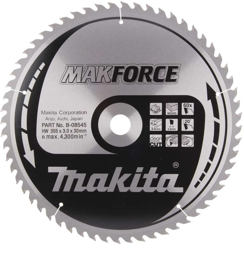 Makita T.C.T. pjūklas MAKFORCE 355X3X30mm 20° T60 B-08545 T.C.T • 355 x30 mm • T60 • 20° • Medienai