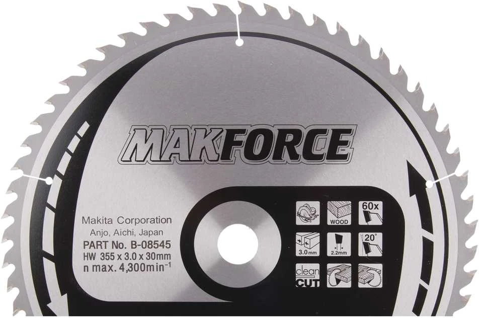 Makita T.C.T. pjūklas MAKFORCE 355X3X30mm 20° T60 B-08545 T.C.T • 355 x30 mm • T60 • 20° • Medienai