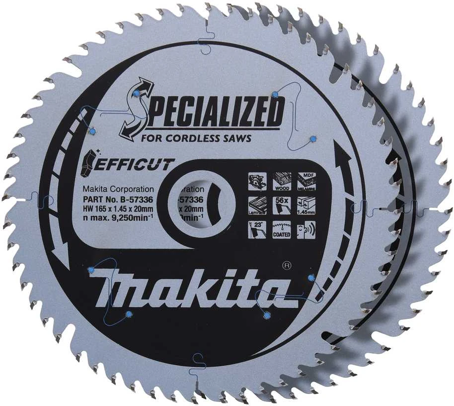 Makita T.C.T. pjūklas medienai/ MDF/laminatui 165X1.45X20mm 23° T56 EFFICUT 2 vnt. B-57336-2