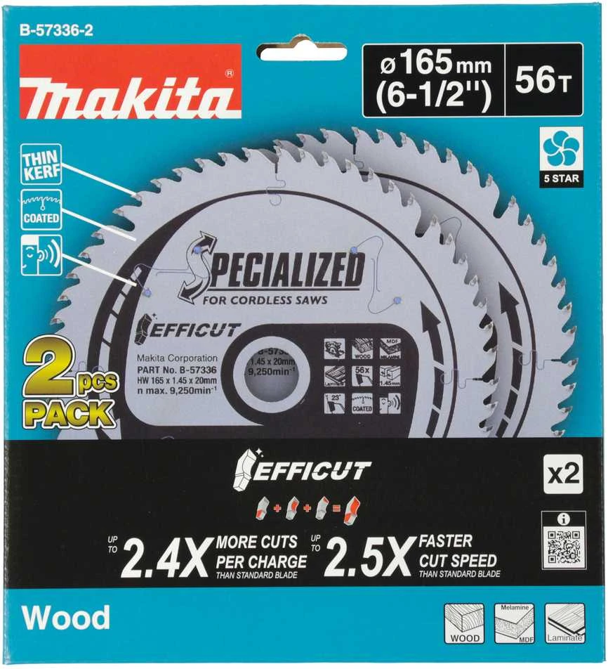 Makita T.C.T. pjūklas medienai/ MDF/laminatui 165X1.45X20mm 23° T56 EFFICUT 2 vnt. B-57336-2