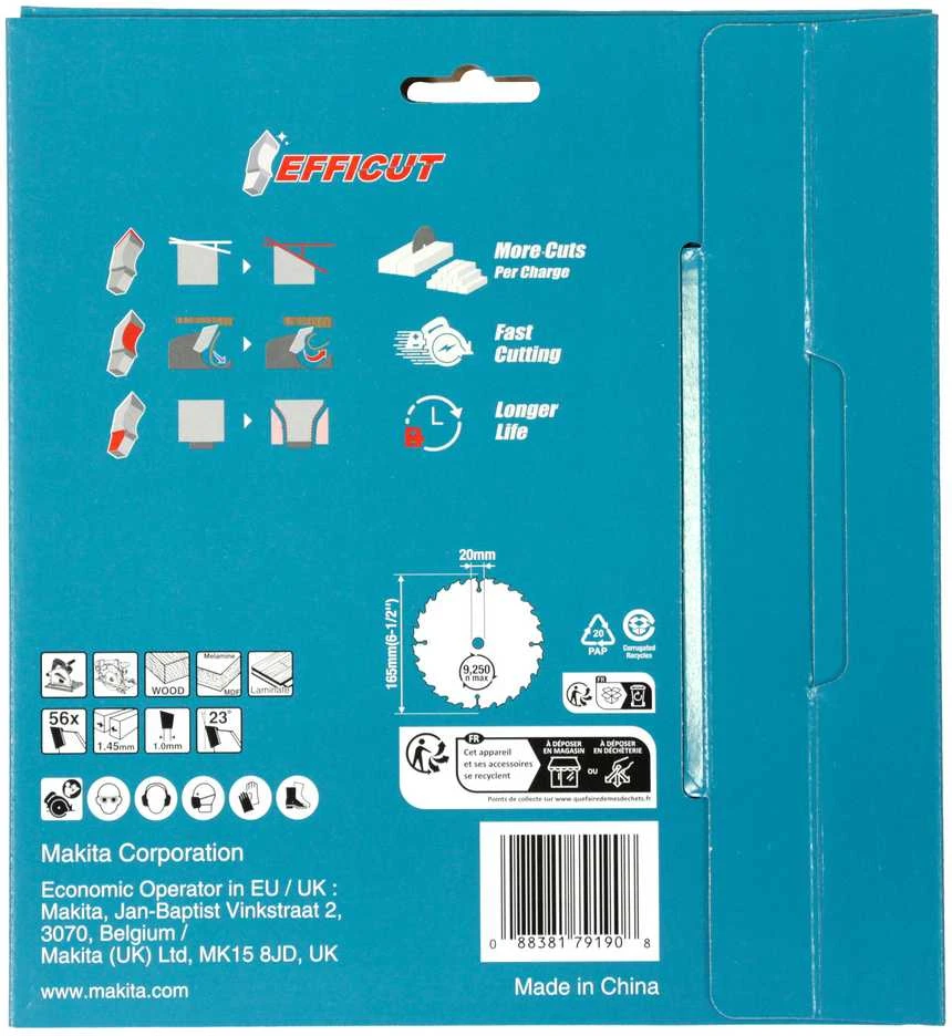 Makita T.C.T. pjūklas medienai/ MDF/laminatui 165X1.45X20mm 23° T56 EFFICUT 2 vnt. B-57336-2