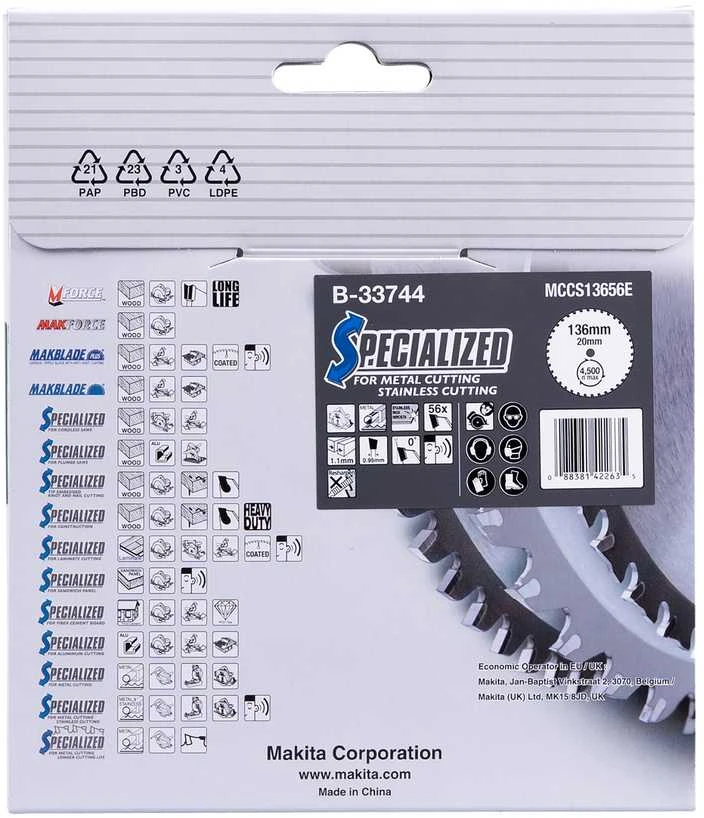 Makita T.C.T. pjūklas SPECIALIZED 136X1.1X20mm 0° T56 B-33744 T.C.T • 136 x20 mm • T56 • 0° • Metalui/Nerūd. plienui