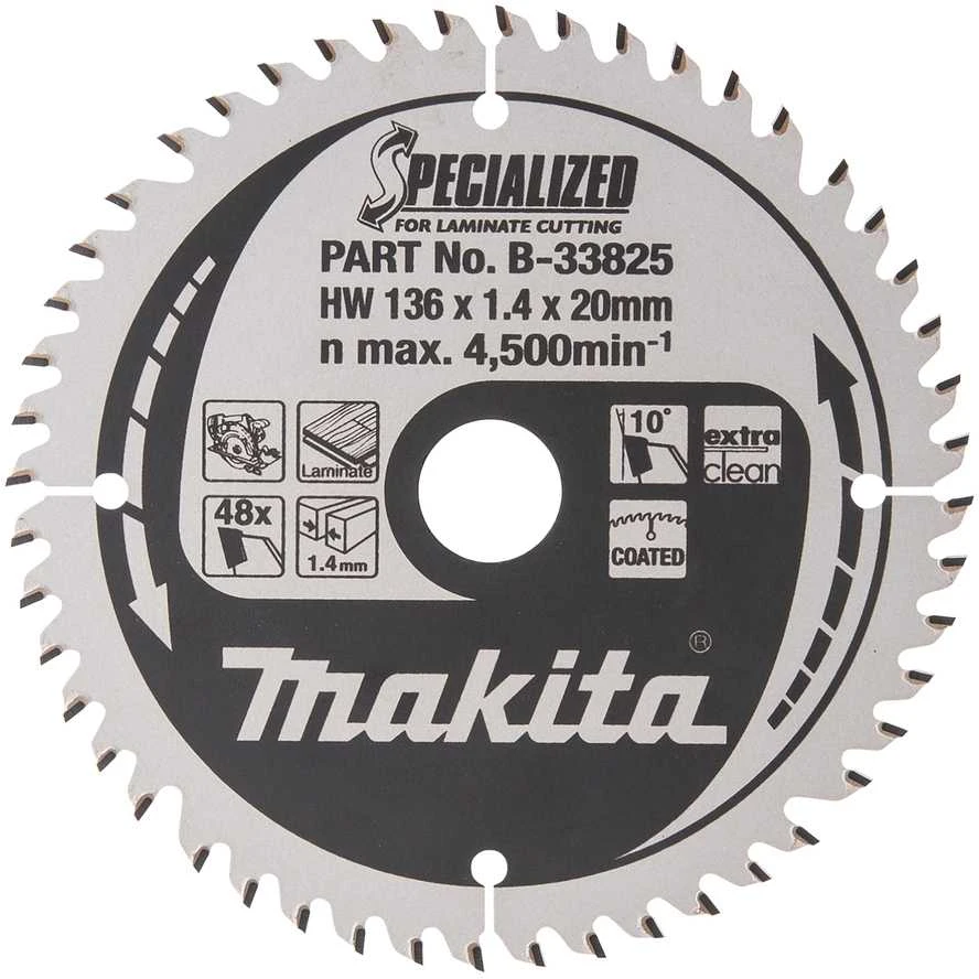Makita T.C.T. pjūklas SPECIALIZED 136X1.4X20mm 10° T48 B-33825 T.C.T • 136 x20 mm • T48 • 10° • MDF/laminatui