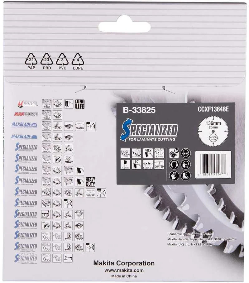 Makita T.C.T. pjūklas SPECIALIZED 136X1.4X20mm 10° T48 B-33825 T.C.T • 136 x20 mm • T48 • 10° • MDF/laminatui
