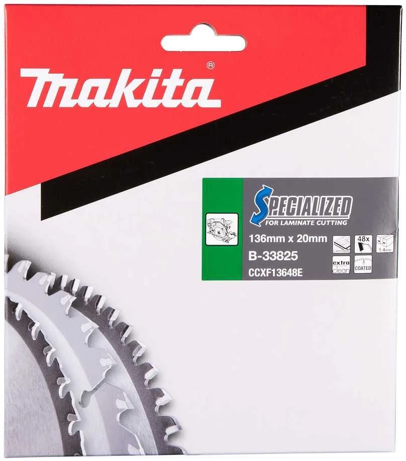 Makita T.C.T. pjūklas SPECIALIZED 136X1.4X20mm 10° T48 B-33825 T.C.T • 136 x20 mm • T48 • 10° • MDF/laminatui