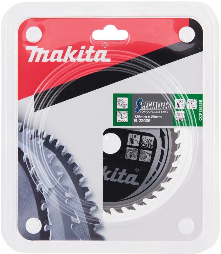 Makita T.C.T. pjūklas SPECIALIZED 136X1.5X20mm 18° T36 B-22006 T.C.T • 136 x20 mm • T36 • 18° • Medienai