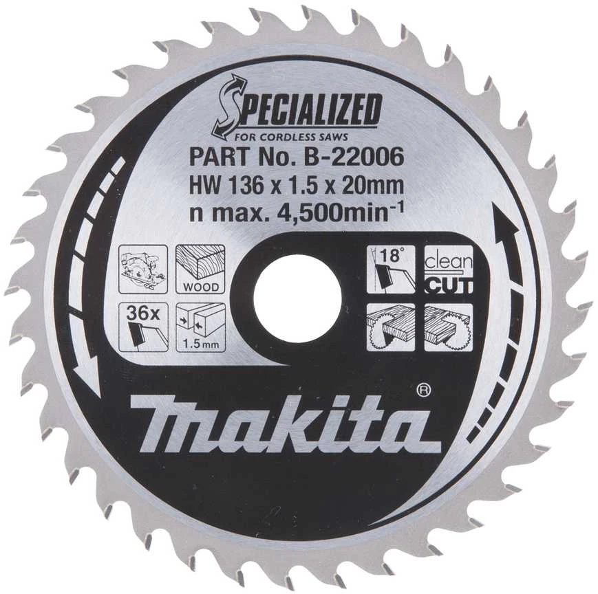 Makita T.C.T. pjūklas SPECIALIZED 136X1.5X20mm 18° T36 B-22006 T.C.T • 136 x20 mm • T36 • 18° • Medienai