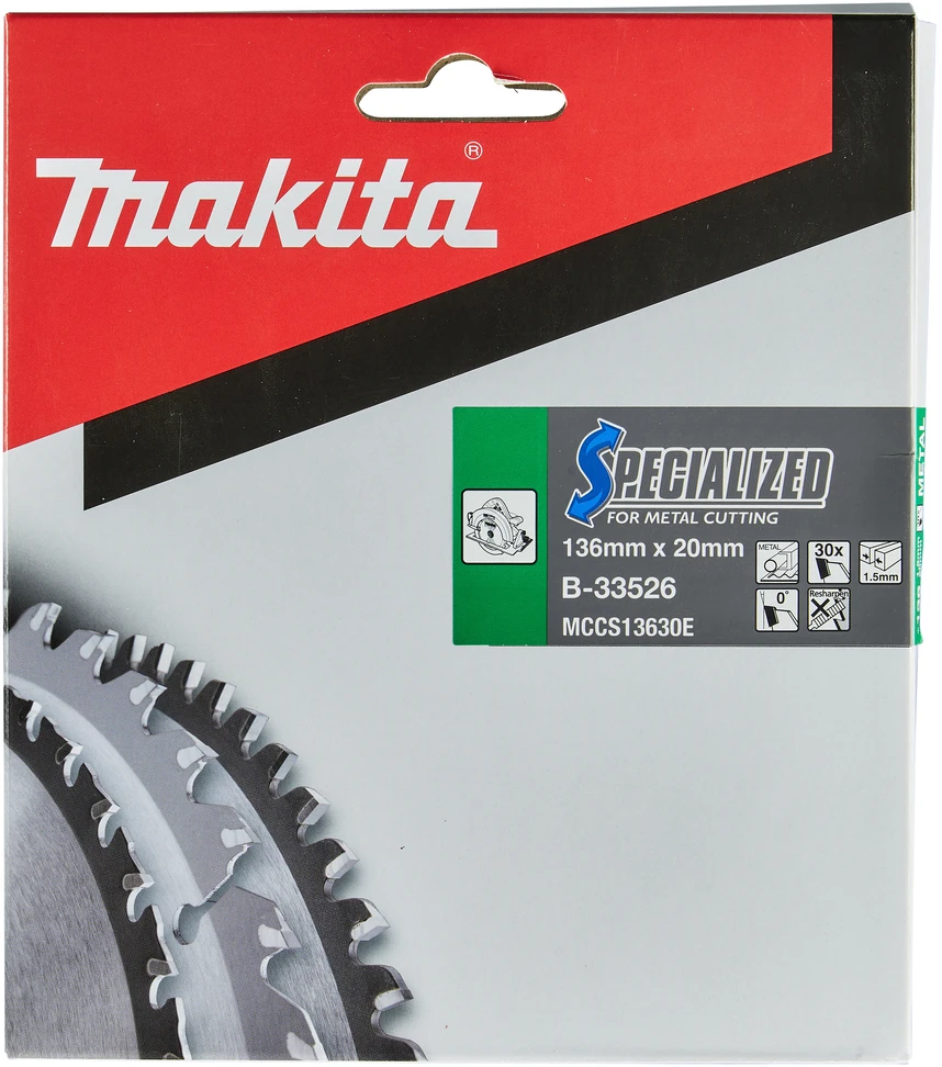 Makita T.C.T. pjūklas SPECIALIZED 136X1.5X20mm 0° T30 T.C.T. pjūklas SPECIALIZED 136X1.5X20mm 0° T30 T.C.T. pjūklas SPECIALIZED 136X1.5X20mm 0° T30 T.C.T. pjūklas SPECIALIZED 136X1.5X20mm 0° T30 B-33526 T.C.T • 136 x20 mm • T30 • 0° • Metalui