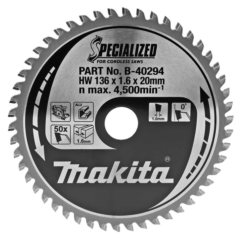Makita T.C.T. pjūklas SPECIALIZED 136X1.6X20mm 0° T50 B-40294 T.C.T • 136 x20 mm • T50 • 0° • Aliuminiui