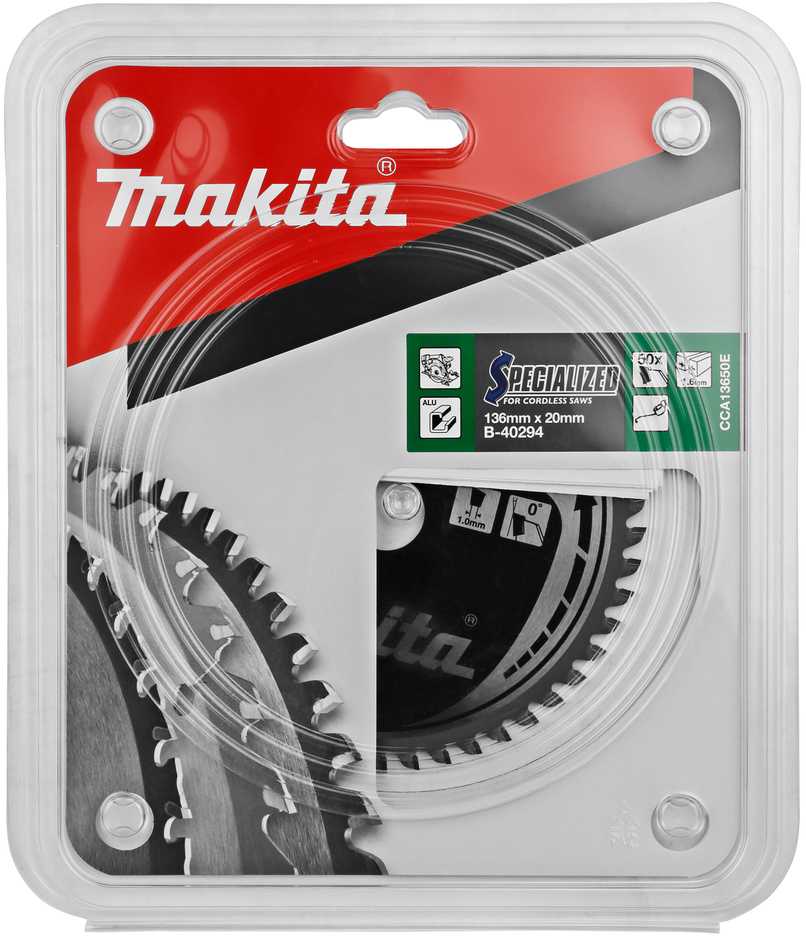 Makita T.C.T. pjūklas SPECIALIZED 136X1.6X20mm 0° T50 B-40294 T.C.T • 136 x20 mm • T50 • 0° • Aliuminiui