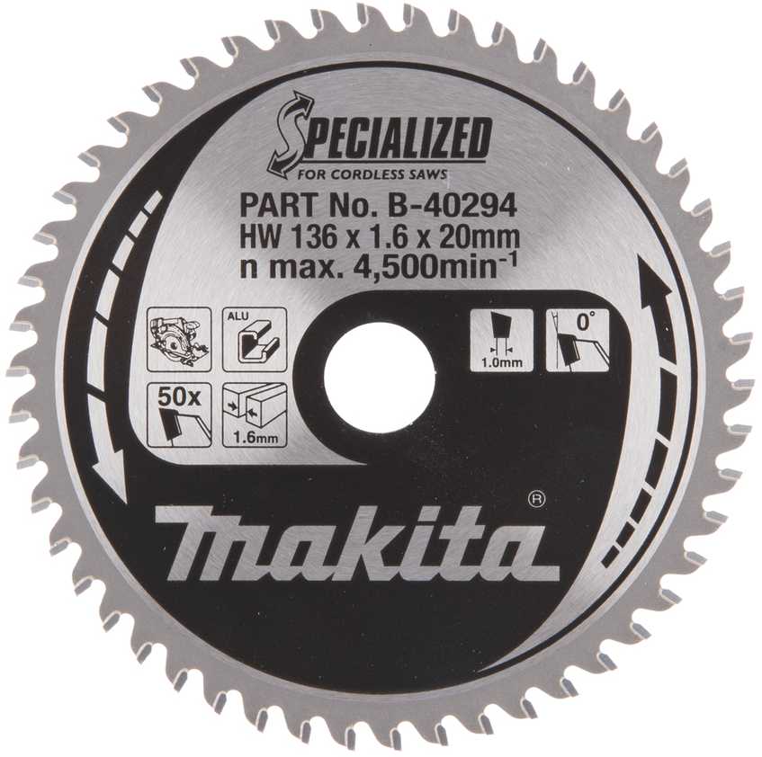 Makita T.C.T. pjūklas SPECIALIZED 136X1.6X20mm 0° T50 B-40294 T.C.T • 136 x20 mm • T50 • 0° • Aliuminiui