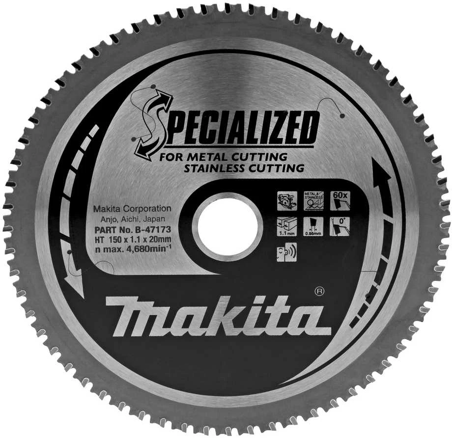 Makita T.C.T. pjūklas SPECIALIZED 150X1.1X20mm 0° T60 B-47173 T.C.T • 150 x20 mm • T60 • 0° • Metalui/Nerūd. plienui