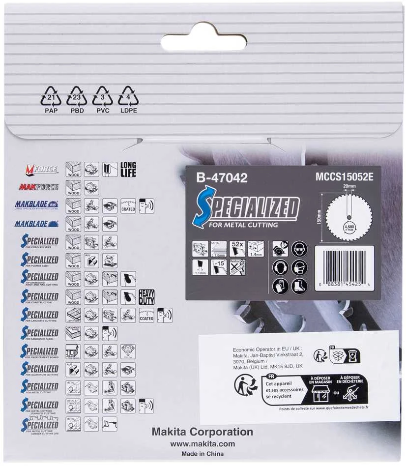 Makita T.C.T. pjūklas SPECIALIZED 150X1.4X20mm -15° T52 B-47042 T.C.T • 150 x20 mm • T52 • -15° • Plonam metalui