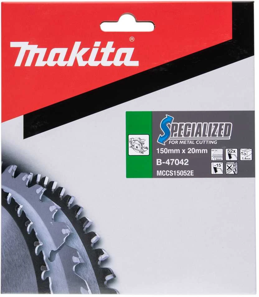 Makita T.C.T. pjūklas SPECIALIZED 150X1.4X20mm -15° T52 B-47042 T.C.T • 150 x20 mm • T52 • -15° • Plonam metalui