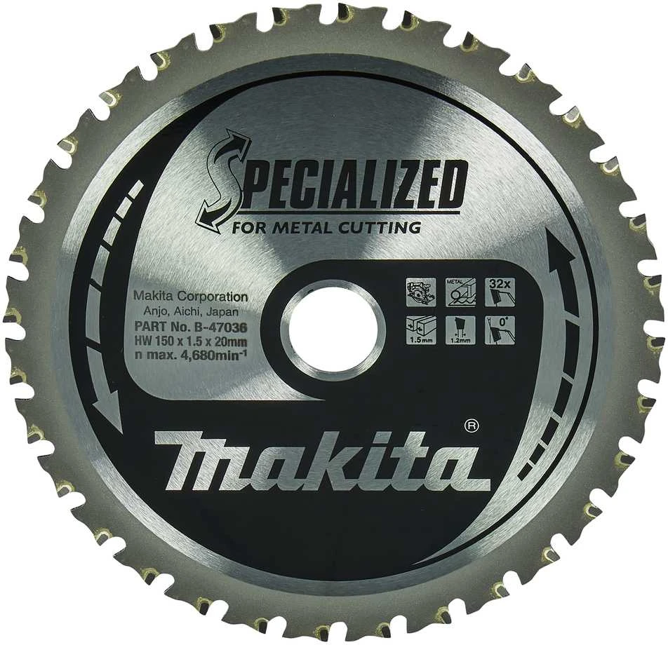 Makita T.C.T. pjūklas SPECIALIZED 150X1.5X20mm 0° T32 B-47036 T.C.T • 150 x20 mm • T32 • 0° • Metalui