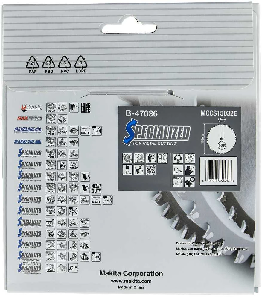 Makita T.C.T. pjūklas SPECIALIZED 150X1.5X20mm 0° T32 B-47036 T.C.T • 150 x20 mm • T32 • 0° • Metalui