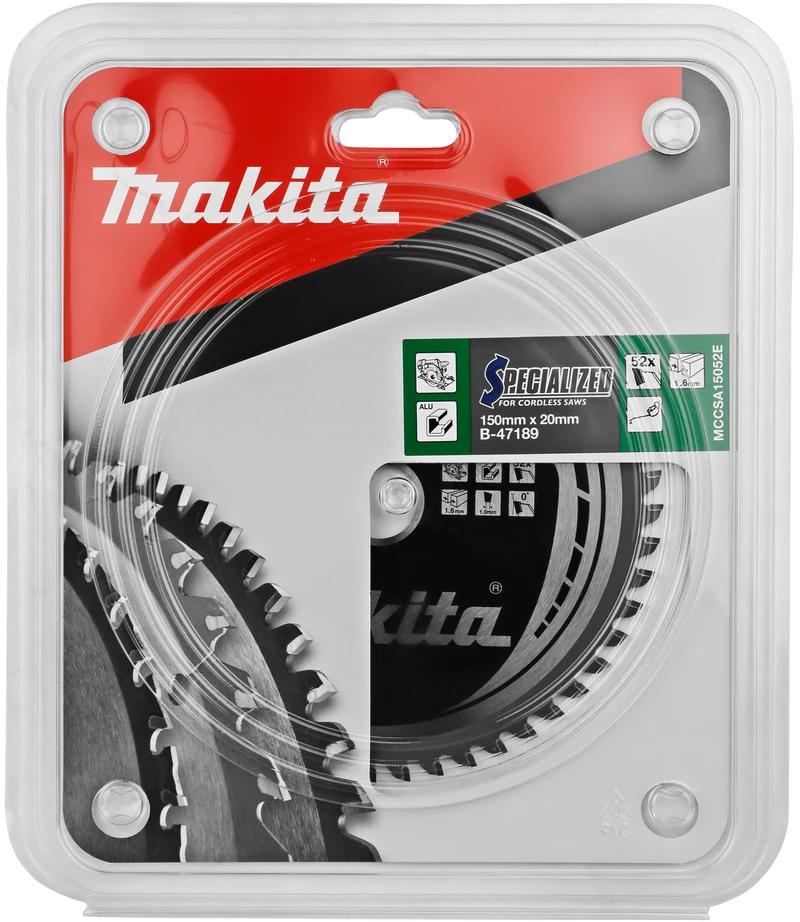 Makita T.C.T. pjūklas SPECIALIZED 150X1.6X20mm 0° T52 B-47189 T.C.T • 150 x20 mm • T52 • 0° • Aliuminiui