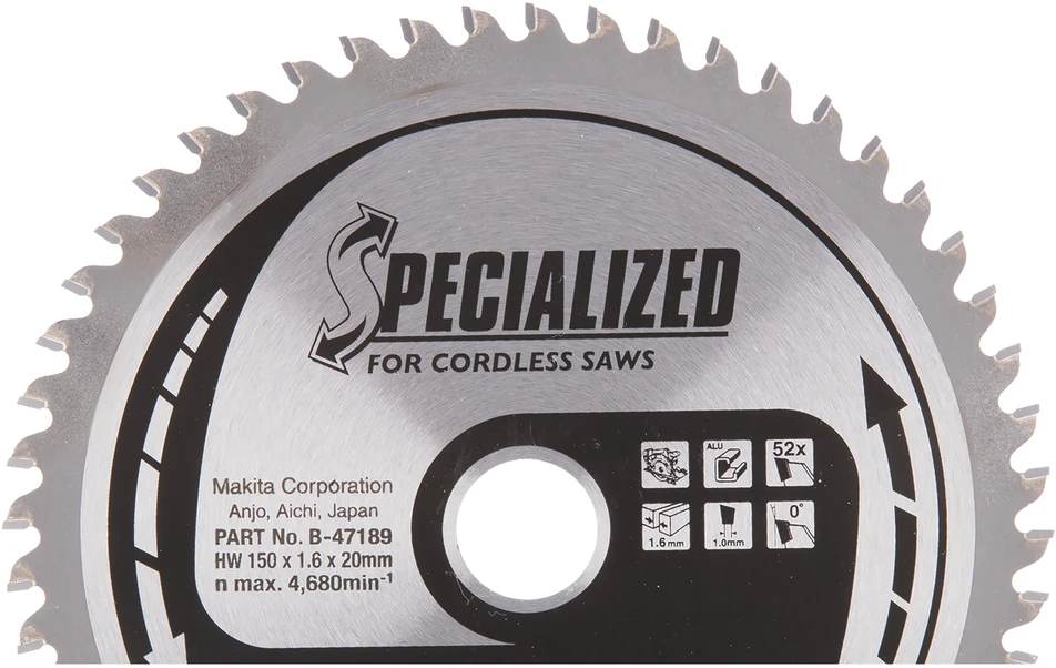 Makita T.C.T. pjūklas SPECIALIZED 150X1.6X20mm 0° T52 B-47189 T.C.T • 150 x20 mm • T52 • 0° • Aliuminiui