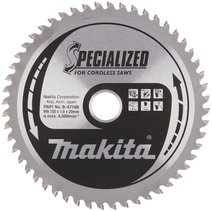 Makita T.C.T. pjūklas SPECIALIZED 150X1.6X20mm 0° T52 B-47189 T.C.T • 150 x20 mm • T52 • 0° • Aliuminiui