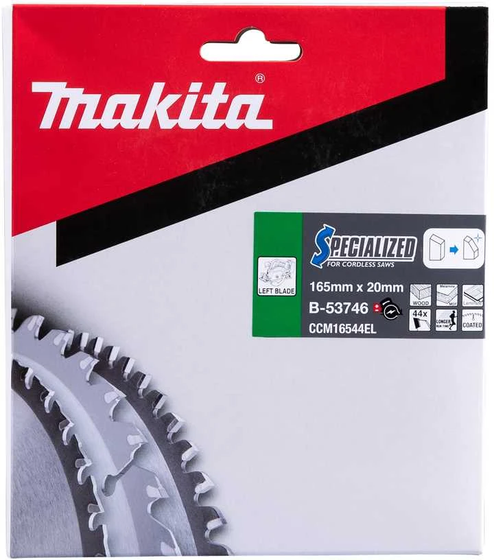 Makita T.C.T. pjūklas SPECIALIZED 165X1.45X20mm 23° T44 B-53746 T.C.T • 165 x20 mm • T44 • 23° • Medienai/MDF/laminatui