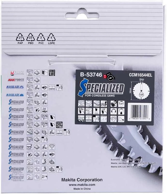 Makita T.C.T. pjūklas SPECIALIZED 165X1.45X20mm 23° T44 B-53746 T.C.T • 165 x20 mm • T44 • 23° • Medienai/MDF/laminatui