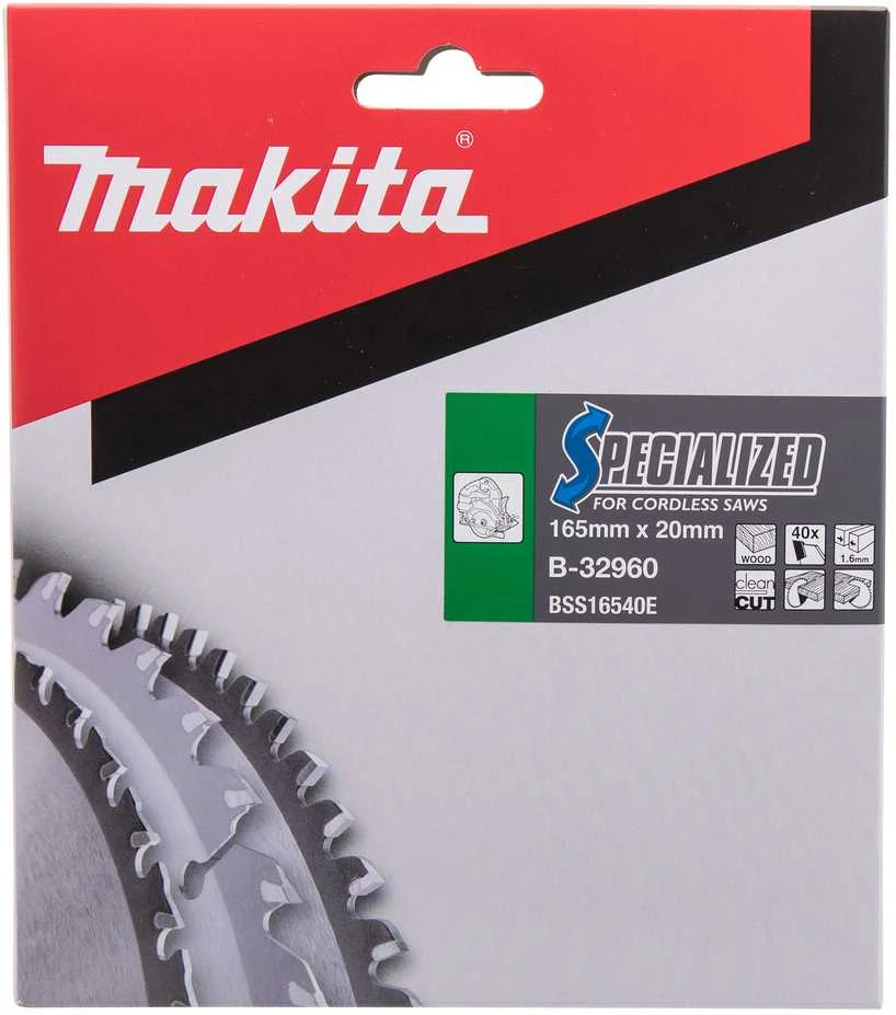 Makita T.C.T. pjūklas SPECIALIZED 165X1.6X20mm 18° T40 B-32960 T.C.T • 165 x20 mm • T40 • 18° • Medienai