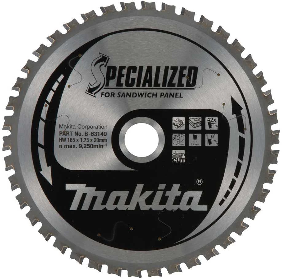 Makita T.C.T. pjūklas SPECIALIZED 165X1.75X20mm 0° T42 B-63149 T.C.T •165X1.75X20mm • 0°• T42 • Daugiasluoknėms plokštėms