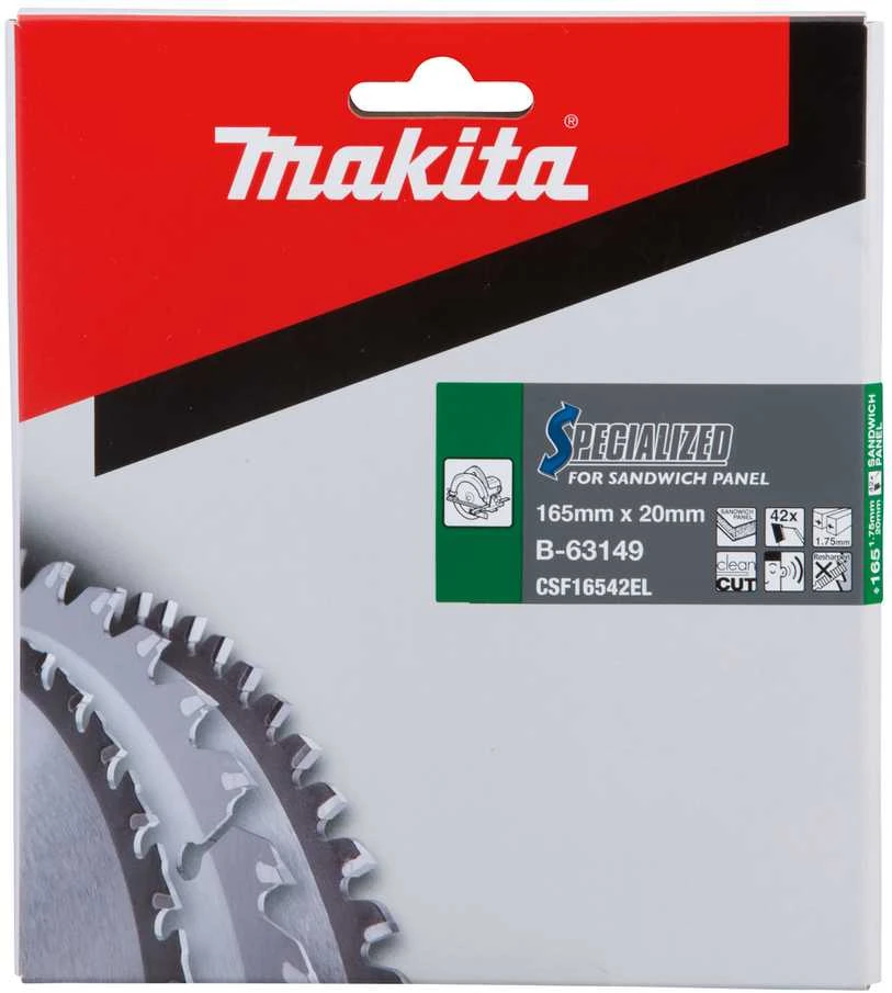Makita T.C.T. pjūklas SPECIALIZED 165X1.75X20mm 0° T42 B-63149 T.C.T •165X1.75X20mm • 0°• T42 • Daugiasluoknėms plokštėms