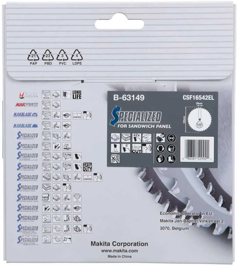 Makita T.C.T. pjūklas SPECIALIZED 165X1.75X20mm 0° T42 B-63149 T.C.T •165X1.75X20mm • 0°• T42 • Daugiasluoknėms plokštėms