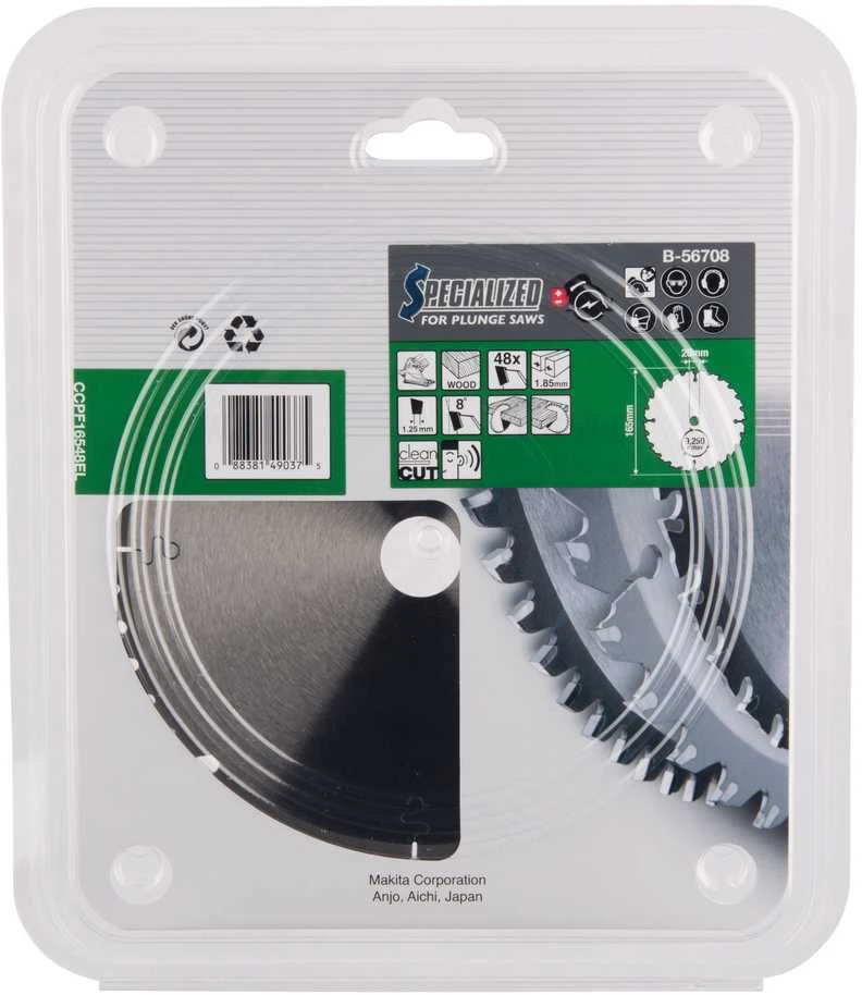 Makita T.C.T. pjūklas SPECIALIZED 165X1.85X20mm 8° T48 B-56708 T.C.T • 165 x20 mm • T48 • 8° • Medienai