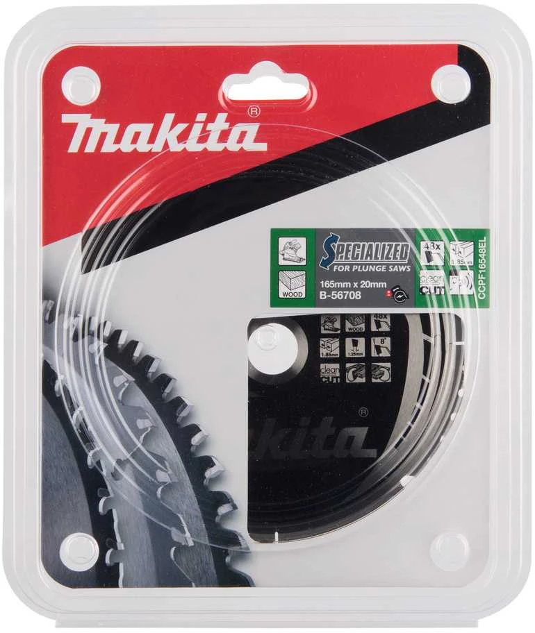 Makita T.C.T. pjūklas SPECIALIZED 165X1.85X20mm 8° T48 B-56708 T.C.T • 165 x20 mm • T48 • 8° • Medienai