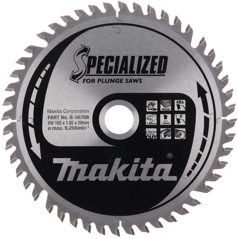 Makita T.C.T. pjūklas SPECIALIZED 165X1.85X20mm 8° T48 B-56708 T.C.T • 165 x20 mm • T48 • 8° • Medienai