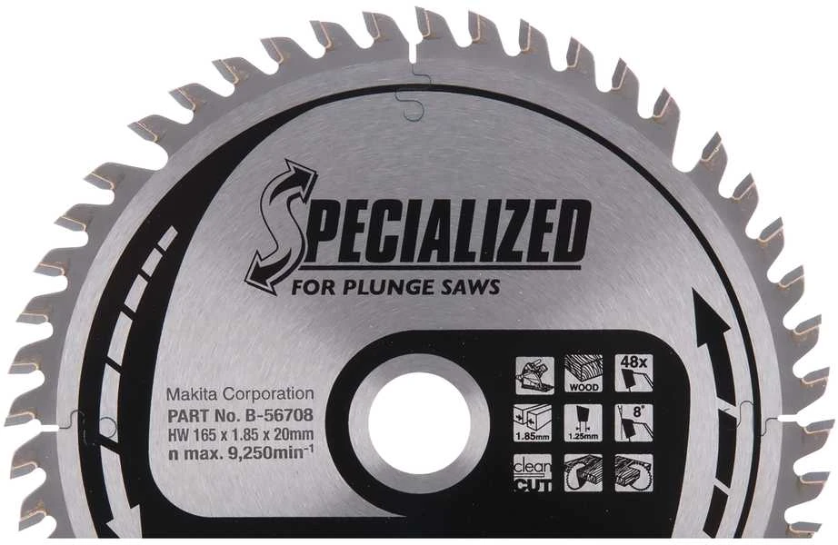 Makita T.C.T. pjūklas SPECIALIZED 165X1.85X20mm 8° T48 B-56708 T.C.T • 165 x20 mm • T48 • 8° • Medienai