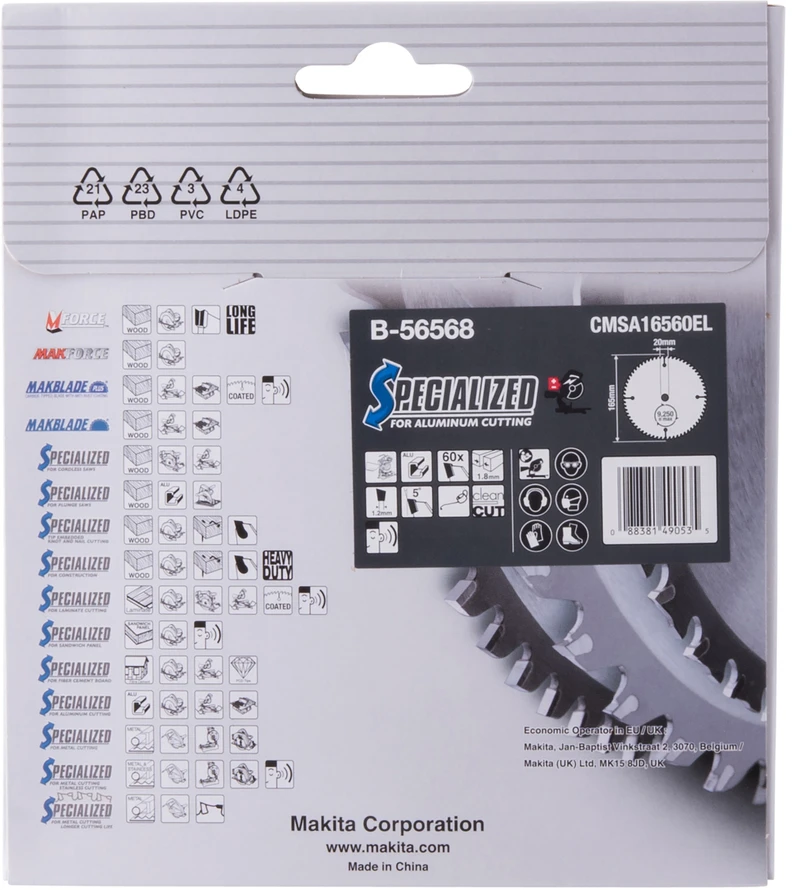 Makita T.C.T. pjūklas SPECIALIZED 165X1.8X20mm 5° T60 B-56568