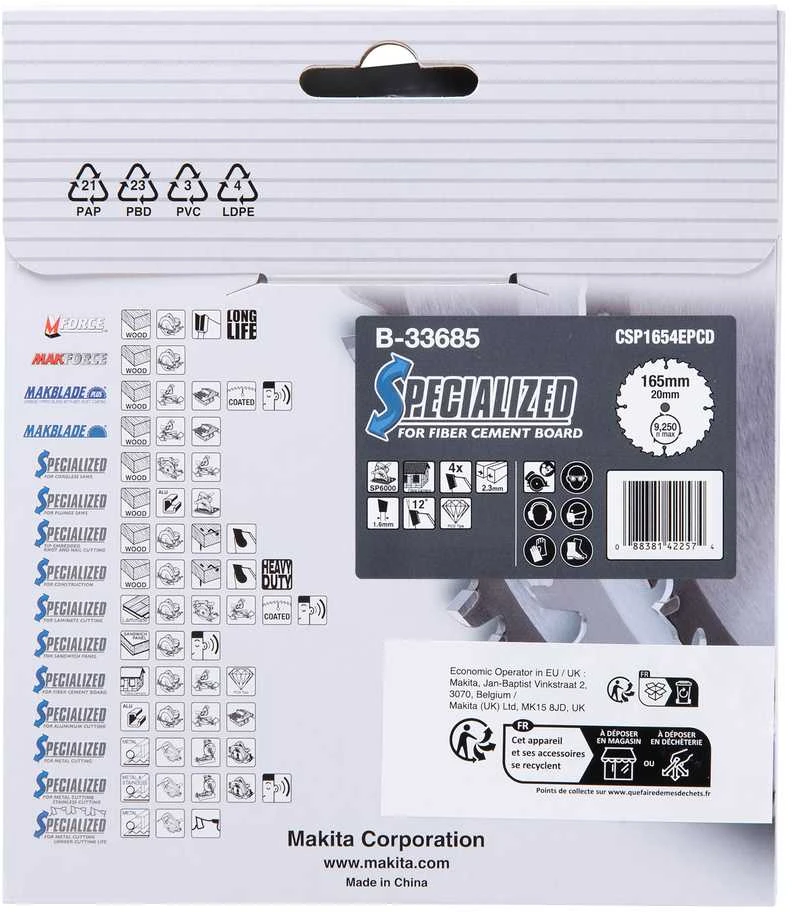 Makita T.C.T. pjūklas SPECIALIZED 165X2.3X20mm 12° T4 B-33685 T.C.T • 165 x20 mm • T4 • 12° • Fibrocemento plokštėms