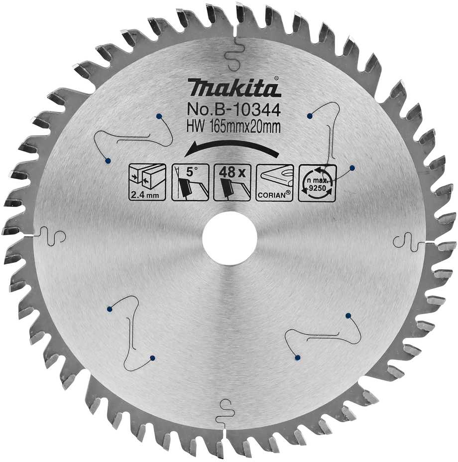 Makita T.C.T. pjūklas SPECIALIZED 165X2.4X20mm 5° T48 B-10344 T.C.T • 165 x20 mm • T48 • 5° • Corian'ui