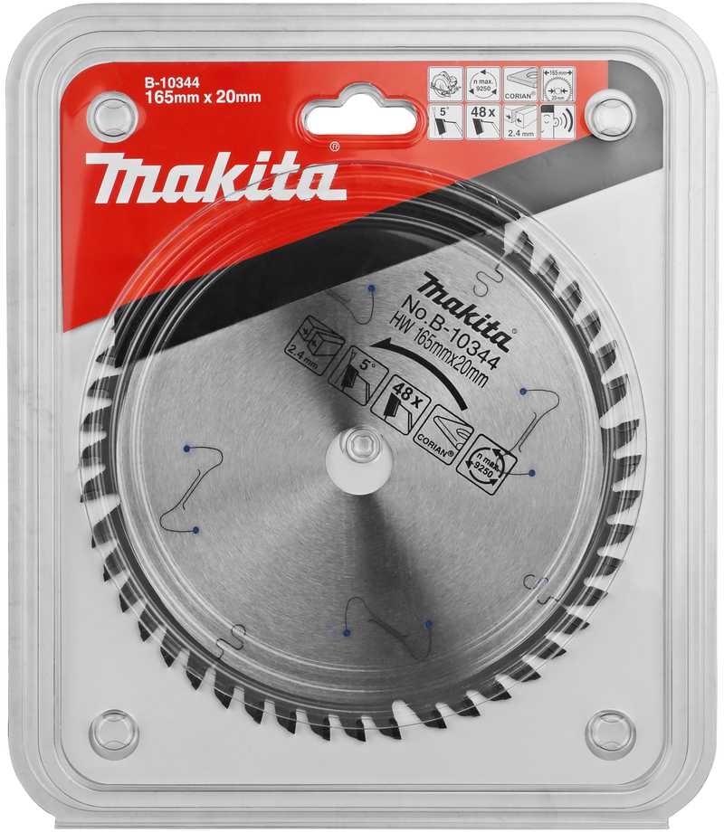 Makita T.C.T. pjūklas SPECIALIZED 165X2.4X20mm 5° T48 B-10344 T.C.T • 165 x20 mm • T48 • 5° • Corian'ui
