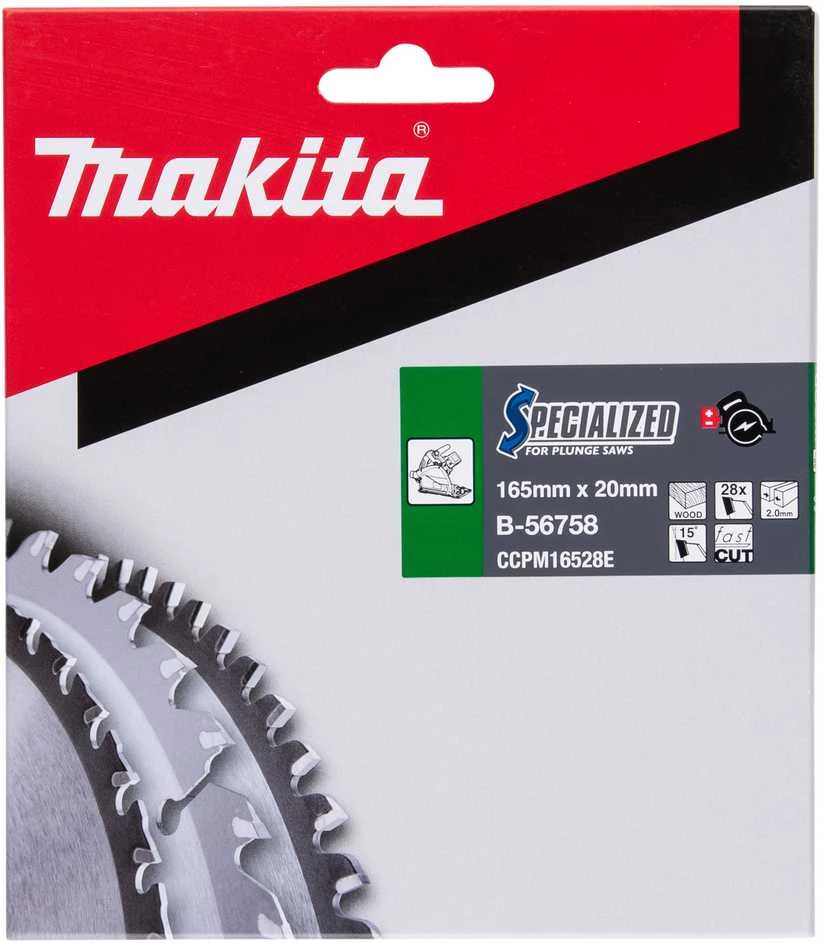 Makita T.C.T. pjūklas SPECIALIZED 165X2X20mm 15° T28 B-56758 T.C.T • 165 x20 mm • T28 • 15° • Medienai